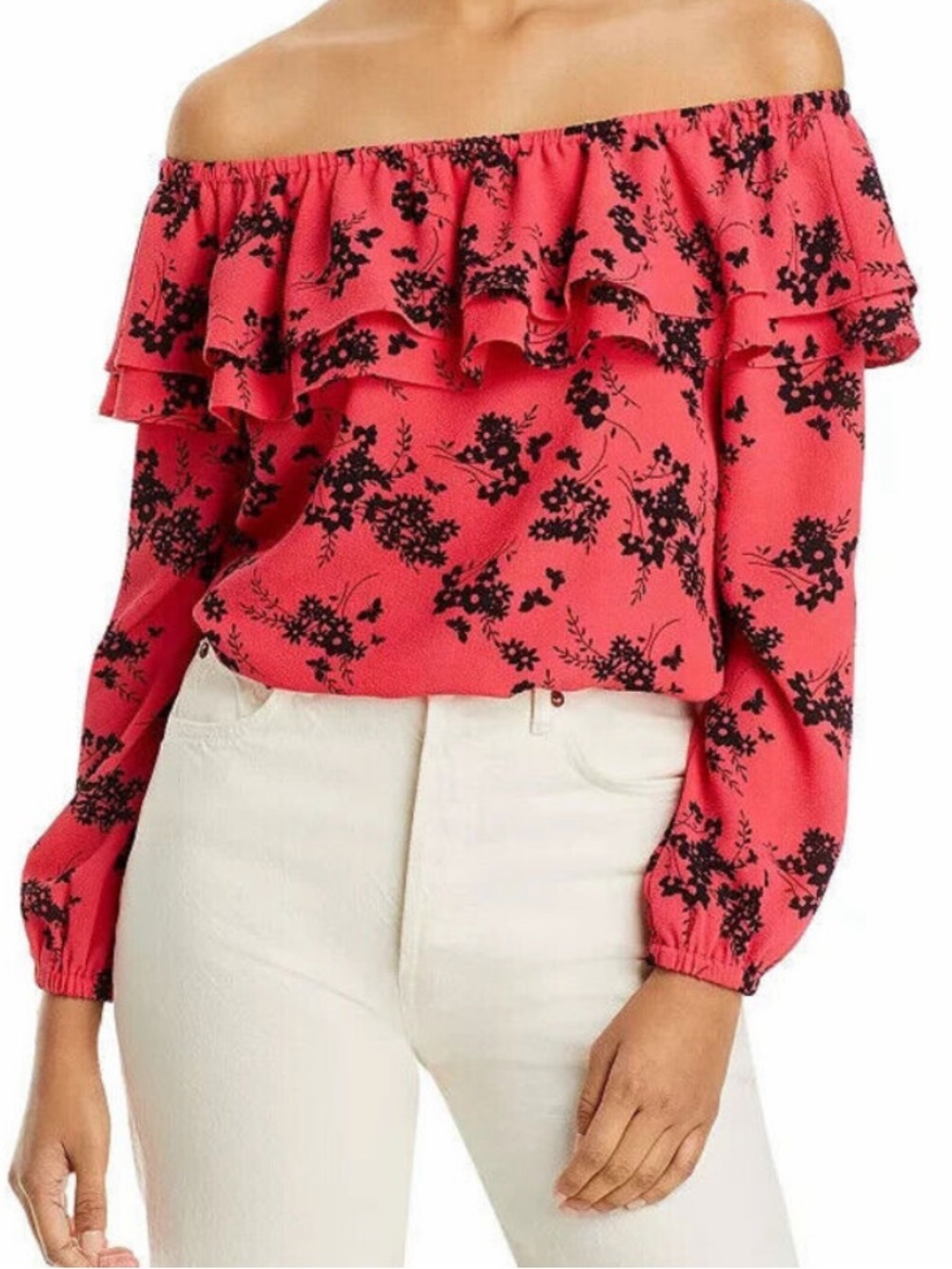 Michael Kors Coral Off-the-Shoulder Ruffle Blouse with Black Floral Print